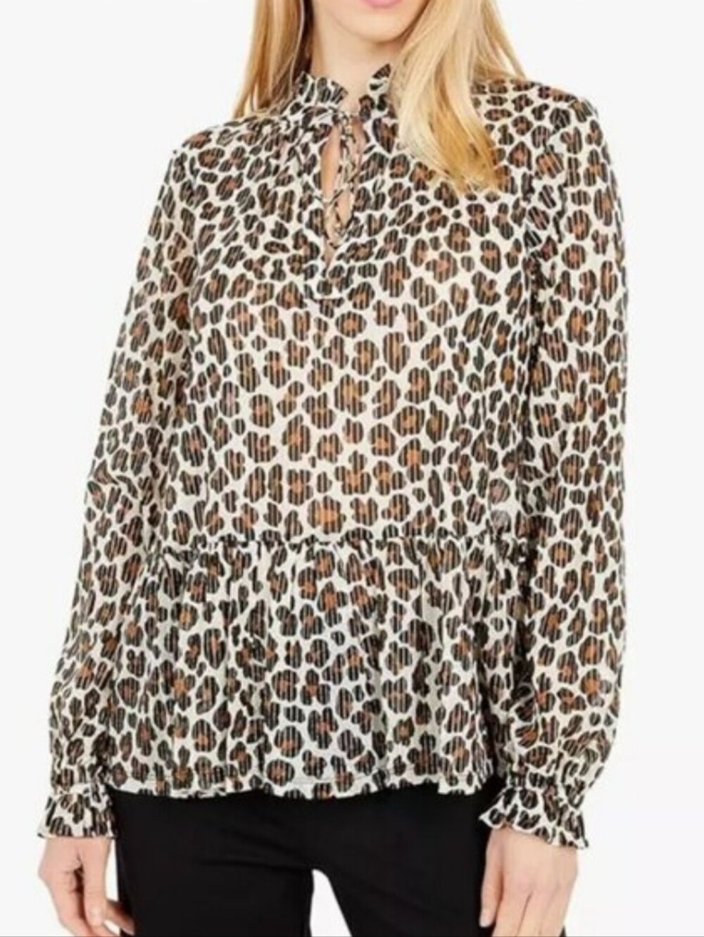 Michael Kors Black Brown Leopard-Print Ruffle Neck Blouse Peplum Ruffle Sheer XL